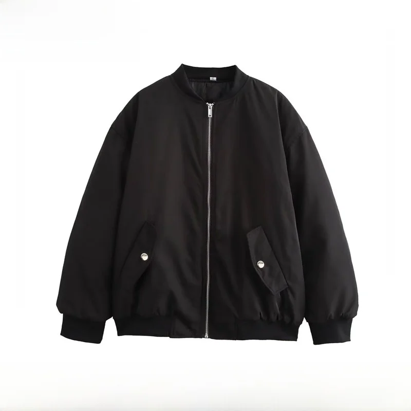 

New Autumn Women's Faion Pleated Loose Zipper Baseball Jaet Cotton Coat Outerwear ZR Sle Long Sve Stand Collar Coat