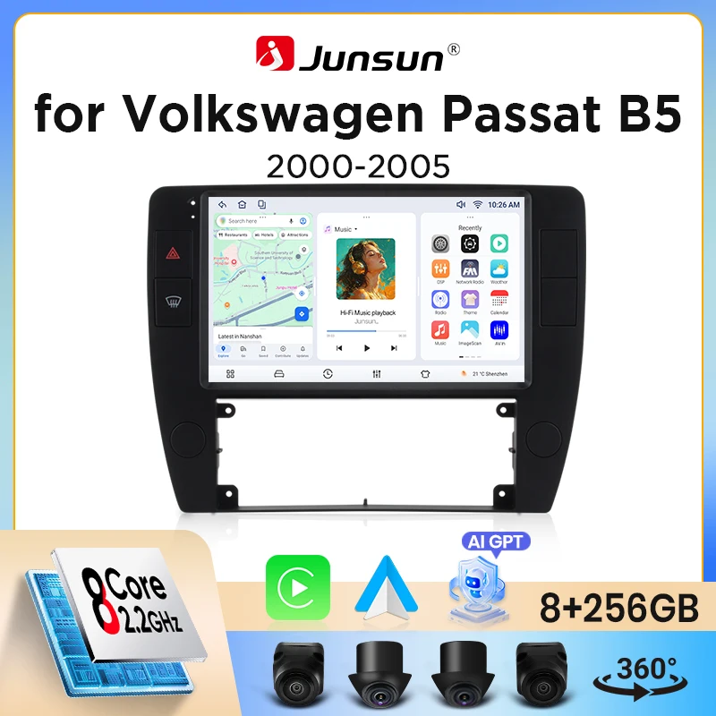 Junsun Kabelloses CarPlay Android Auto Autoradio für Volkswagen (VW) Passat (B5.5/3BG) 2000-2005 mit integriertem Lüfter, Android GPS-Navigation, Multimedia-Player, WiFi, DSP, RDS, BT, SWC,