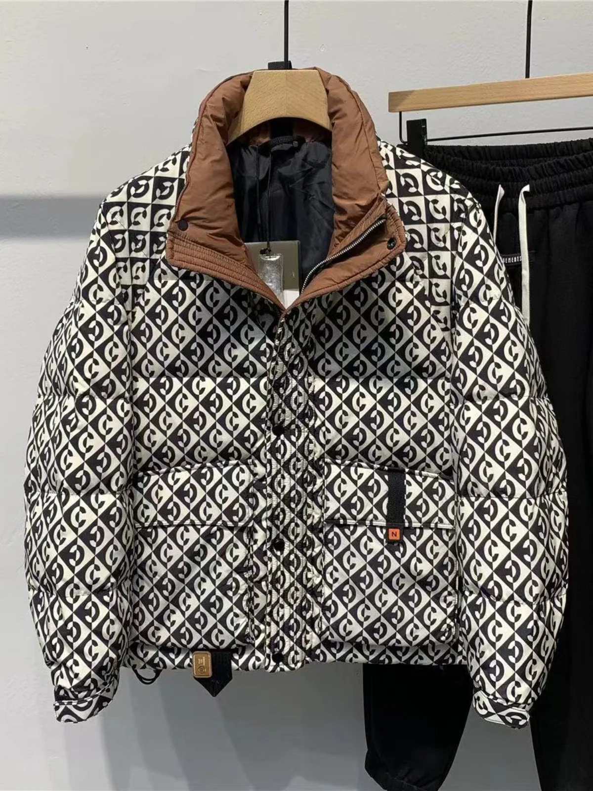 

Warm Casual Men's Cotton Jaet Stand Collar Coat No Hat Bread Sle Outerwear Retro Trendy Workwear Patchwork Design