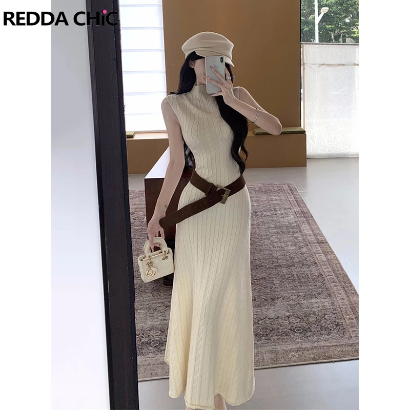 

REDDACHiC Cable Knit Tank Dress Women Solid Casual Slim Fit Sleeveless Turtleneck Maxi Long Dress Elegant Work Autumn Clothes