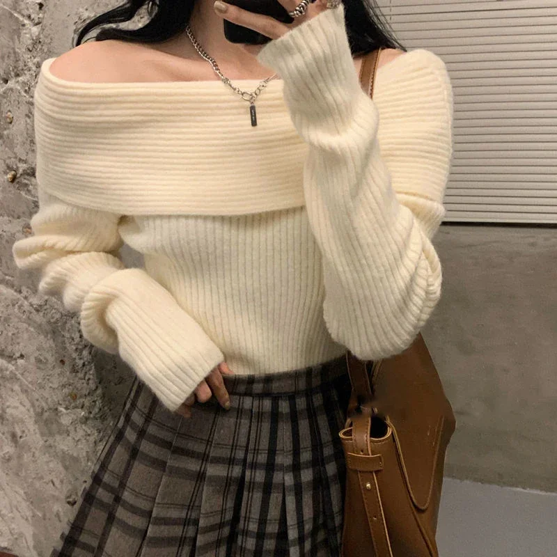 Lucyever Sweater rajut leher Slash, atasan jumper ramping tebal elegan Korea lengan panjang bahu terbuka seksi untuk wanita