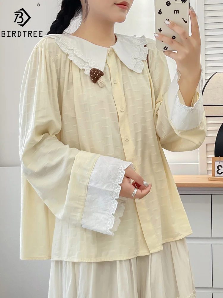 

New Summer Cotton Long Sleeve Shirt, Women Double Layered Collar Embroidery Tops, Mori Girl Loose Retro Blouse, Autumn T48260QM