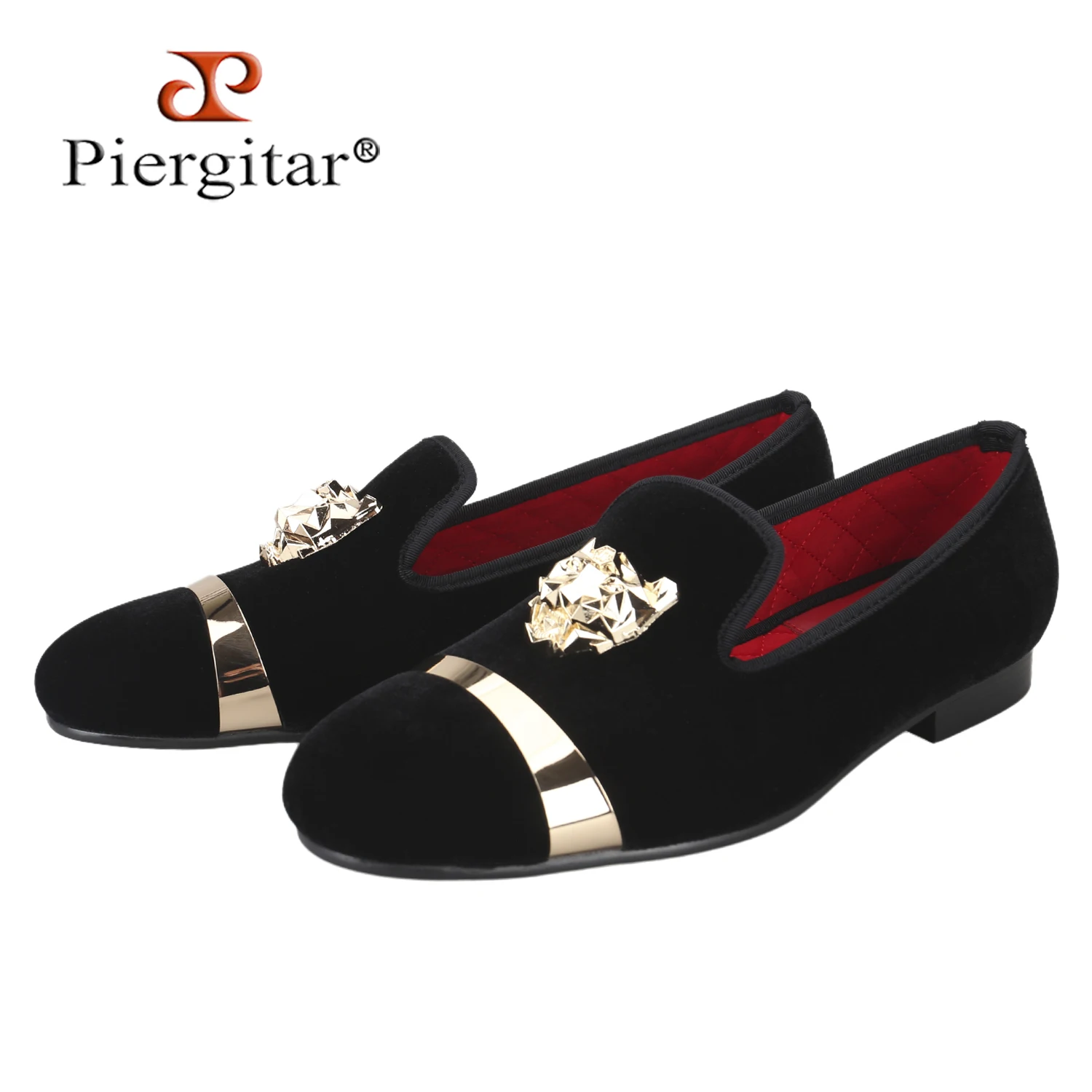 Piergitar Fashion Brand Same Style Handmade Slip-On Loafers Luxury Model Men Velvet Shoes With Gold Tiger-Head And Strap Buckles
