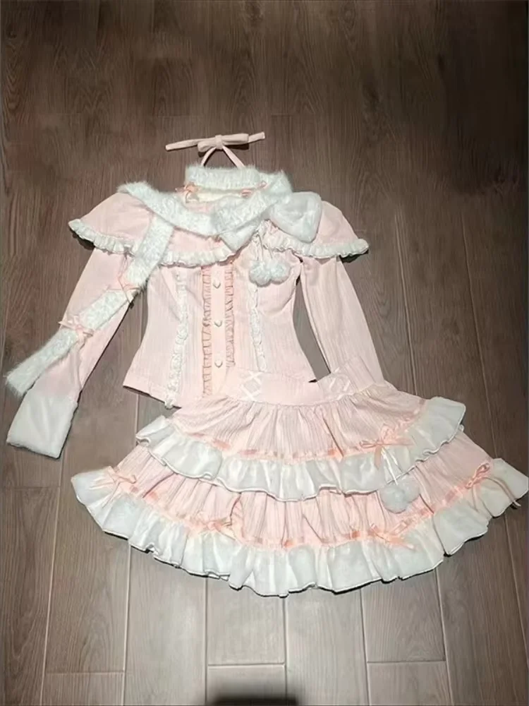 Autumn Winter New Two Piece Set Kawaii Bow Off Shoulder Long Sleeve Tops + Y2k High Waist Ruched Cake Skirt Japanese Pink Suits