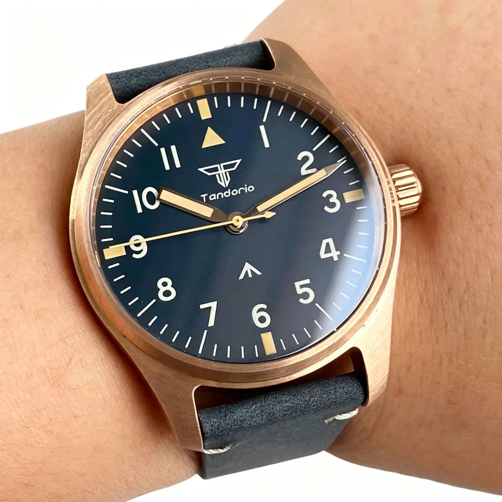 Tandorio New 39mm Sapphire Bronze Case VH31 Sweep Seconds Quartz Movement 20ATM Waterproof Lume Vintage Pilot Diver Men Watch