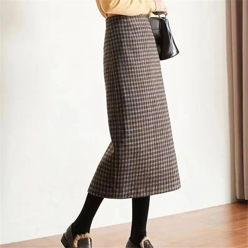 Y2k Slim Classic Plaid Midi Skirts Women Autumn Vintage Elegant Office Behind Slit Design All-match Harajuku Chic Fashion Skirts