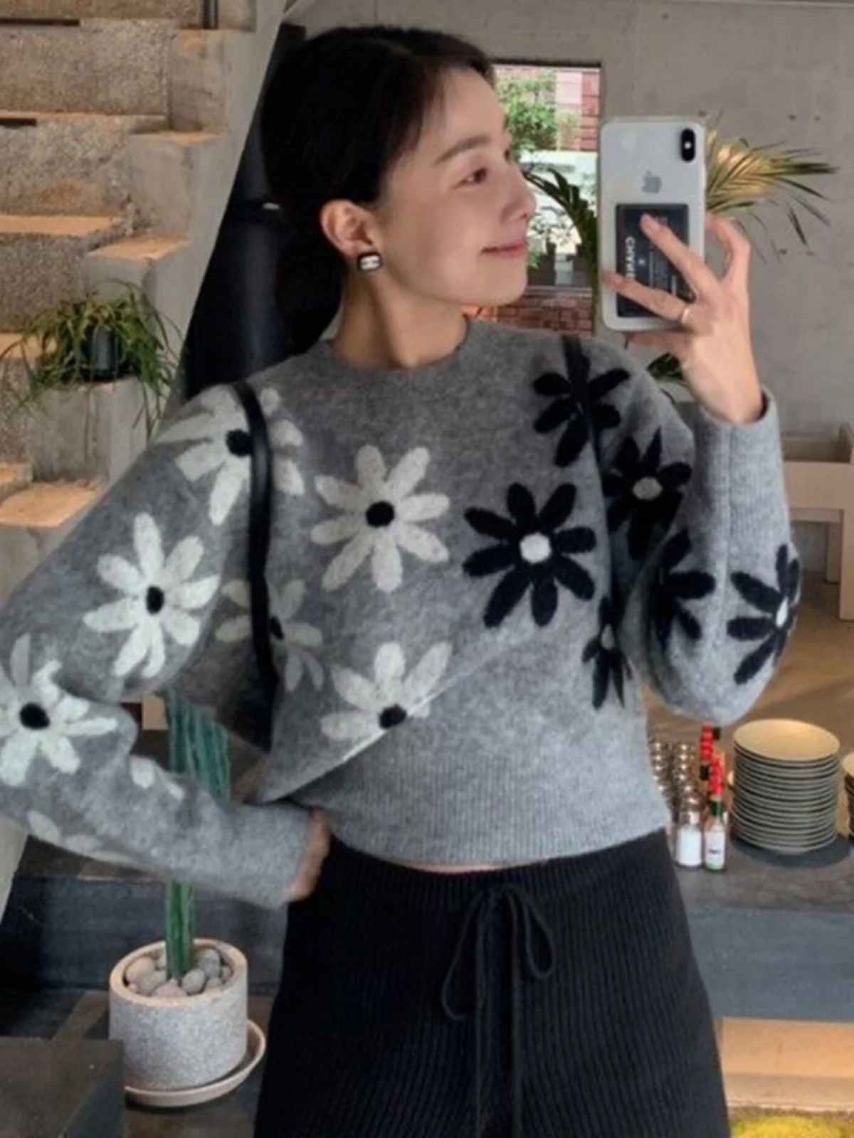 

Retro Floral Print Knitwear Long Sve round Ne Women's Sweater Chic Autumn Winter Loose Versatile Faionable Commute Sle