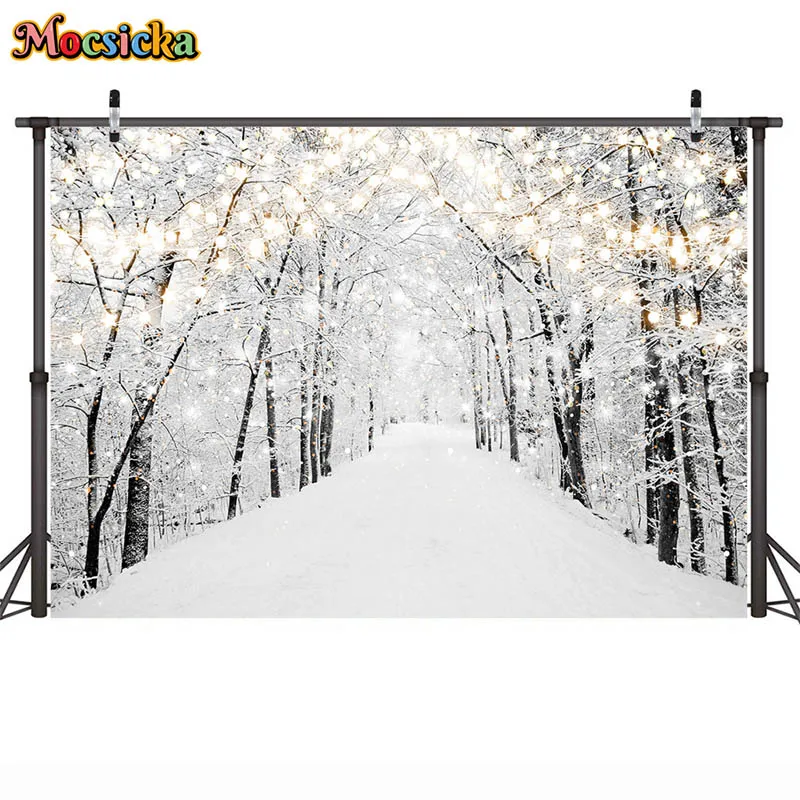 Magical Winter Landscape Photography Background Path Between Snowy Trees in Forest Glow Strip Lights Decor Backdrop Photo Studio