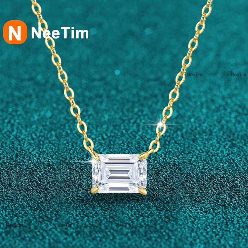 

NeeTim 1 карат 2 карата изумрудной огранки D VVS1 муассанитовое ожерелье для женщин с позолоченными ювелирными изделиями, цепочки-подвески из стерлингового серебра 925 пробы