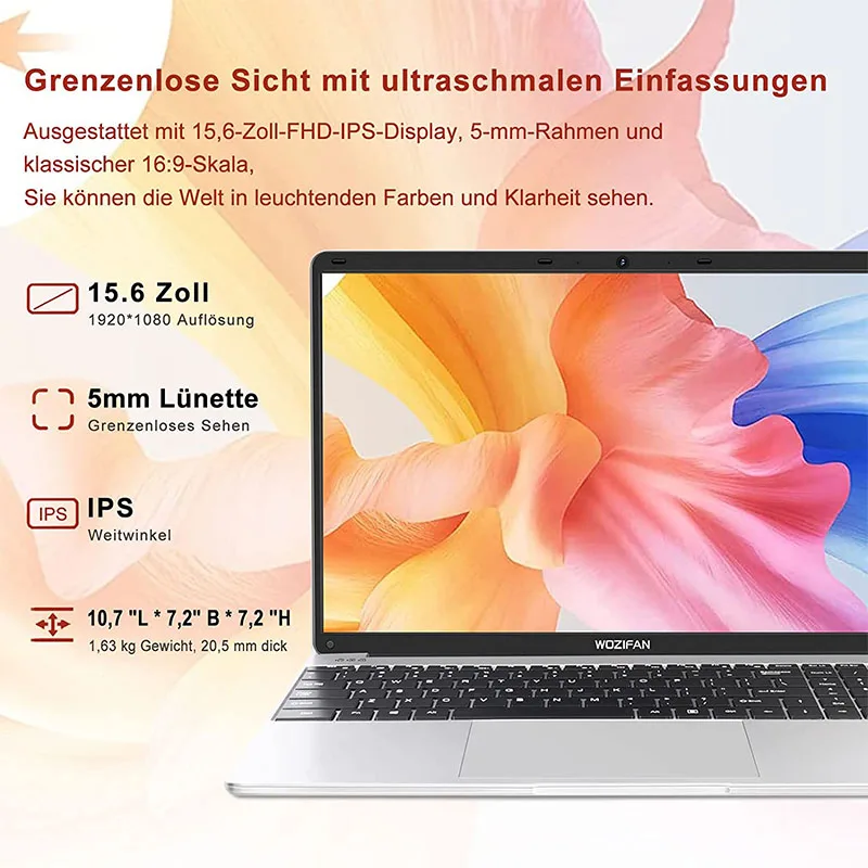 Wozifan laptop 128gb ssd unterstützung erweiterung 15.6 "intel 6gb laptop windows fhd1080 2,4g 5g wifi bt 4,2 hdmi drahtlose maus silber