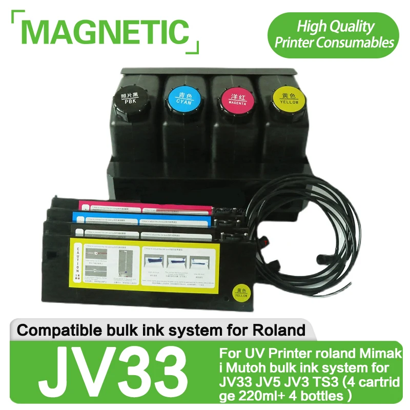 NEW For UV Printer roland Mimaki Mutoh bulk ink system for JV33 JV5 JV3 TS3 (4 cartridge 220ml+ 4 bottles )