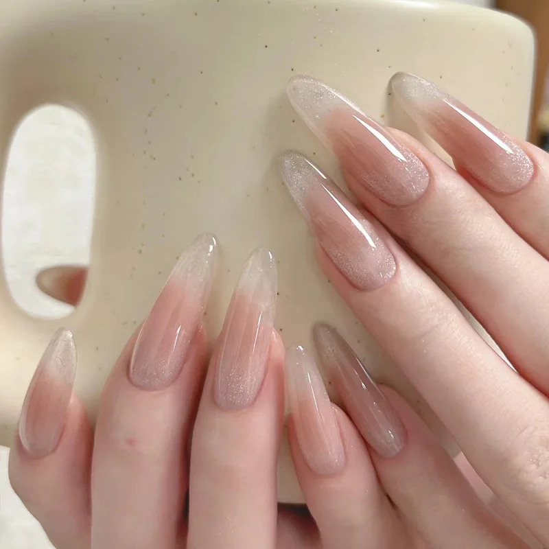 24pcs Long Nude Gradient Oval Almond False Nails for Girls Press on Nails Simple Artificial Nail Tip Cheap Fake Nails with Glue