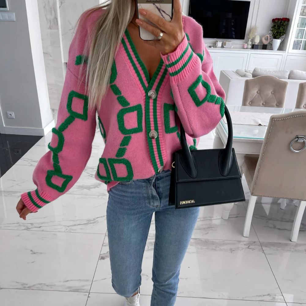 Women Letter Cardigan Sweater Autumn Winter Loose Single Breasted Sweater Coat Knitted Long Sleeved Top V-Neck Ladies Clothes