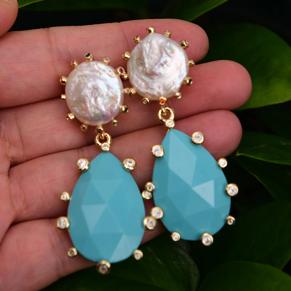 GG Natural Cultured White Coin Keshi Pearl Blue Turquoise Cz Pave Teardrop Dangle Earrings Handmade  Women Jewelry Gifts