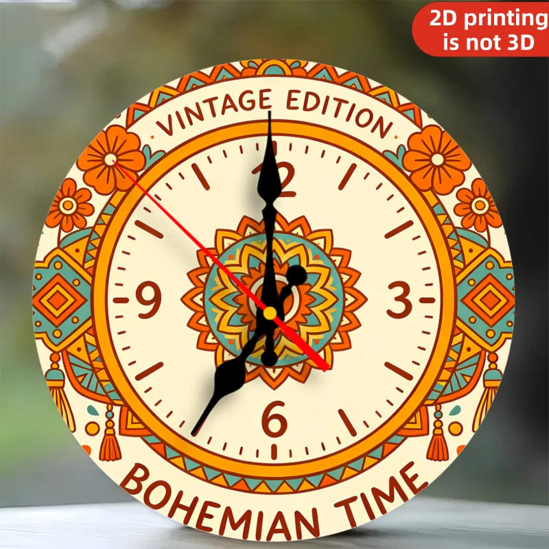 

Silent Hanging Clock, Vintage Bohemian Mandala 2D Print, Non-Ticking Quartz Double Hands for Living Room Bedroom Home Decor