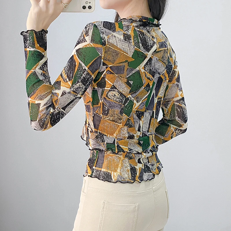 2025,New,European,Clothes,T-Shirt,Fashion,Sexy,V-Neck,Print,Ruffles,Women,Tops,Long Sleeve,Bottoming Shirt,All Match,Tees,510035