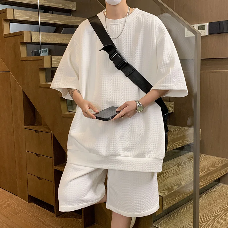 

Short Sleeve Men's Summer Casual Sportswear Set Short Pants Five-Quarter Length T-Shirt Streetwear 2pcs Set Leisure Sports Set