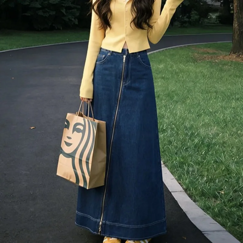 High Waist Denim Maxi Skirt Full Front Zipper A Line Long Jean Skirt Contrast Stitch Women Casual Streetwear Half Skirt 260701