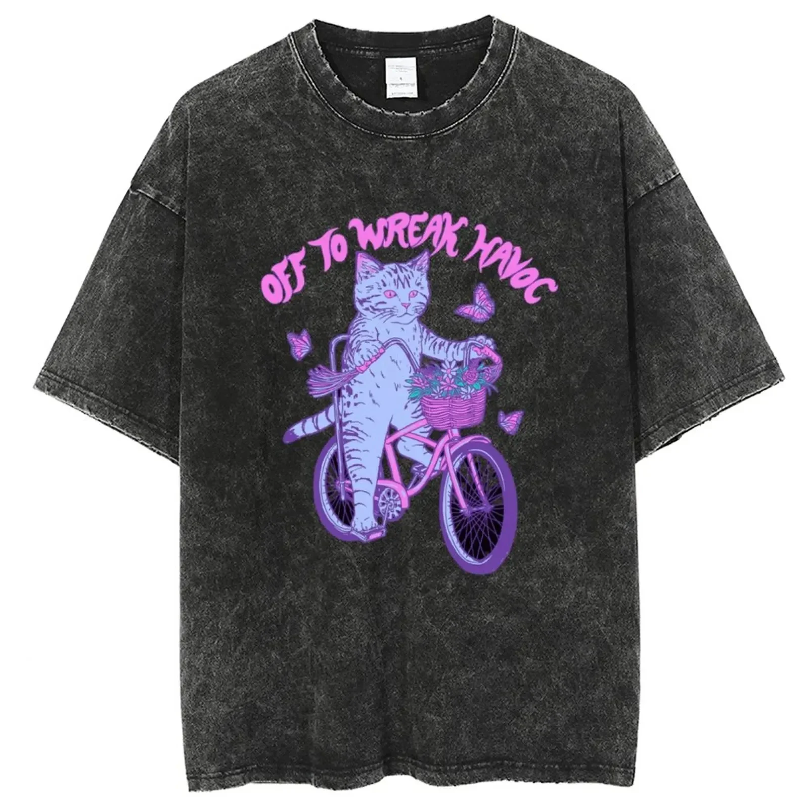 Anime The Pussy Off To Wreak Havoc Washed Tshirts Men Women Harajuku T-shirt Casual Tops Streetwear Oversized T Shirts