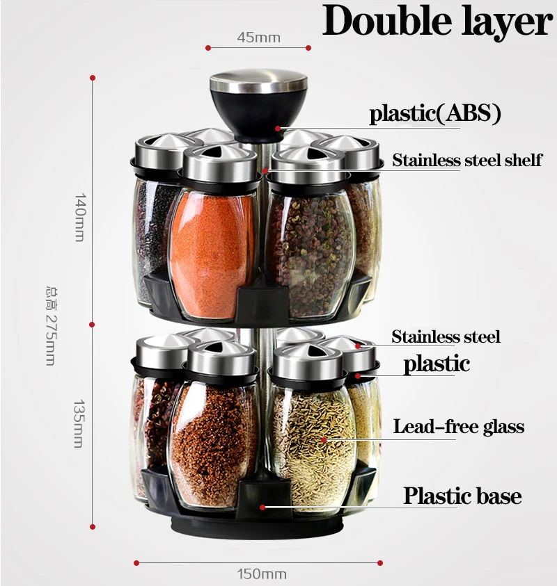 Glass Rotary Spice Rack Integrated Base Design Removable Spice Jar Holder Spice Jar with Lid Condiment Set Kitchen Storage Box