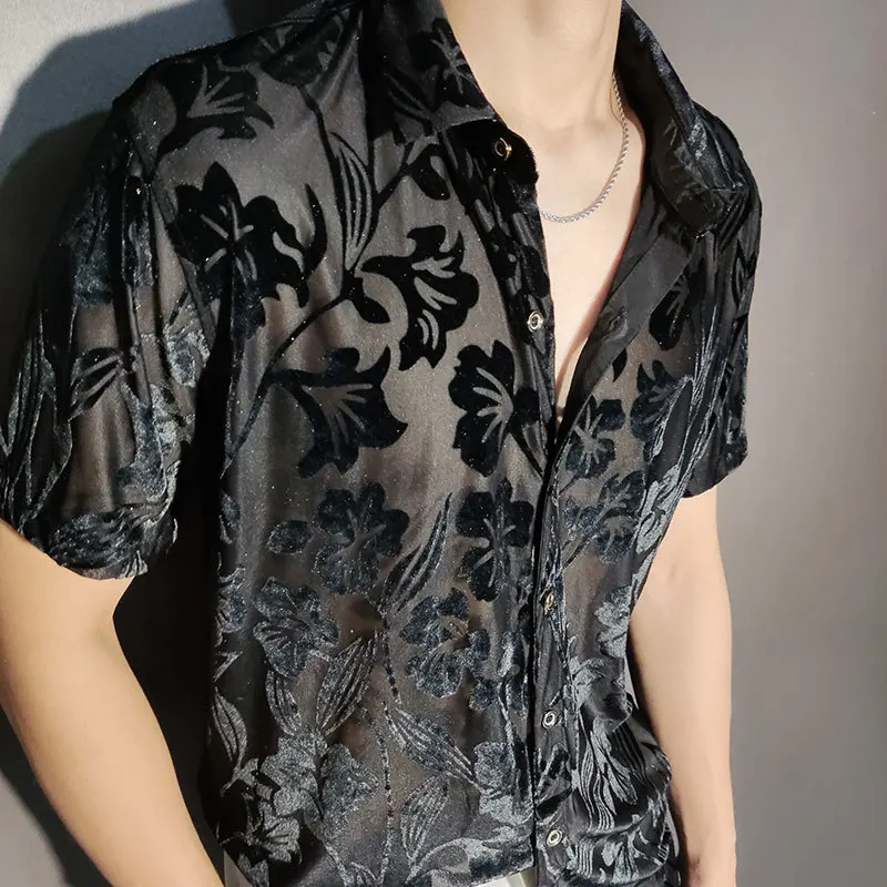 Top Quality Summer Velvet Shirt Hawaiian Male Shirt Camicia Uomo Streetwear Flower Shirt Velvet Shirt Short Sleeve Camisa Hombre