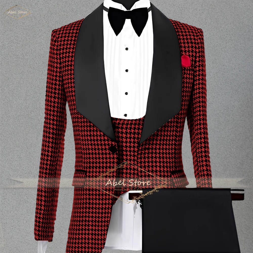 

Elegant Red Houndstooth Blazer Vest Set Black Dress Pants 3-Piece Formal Suit Wedding Business Custom Made
