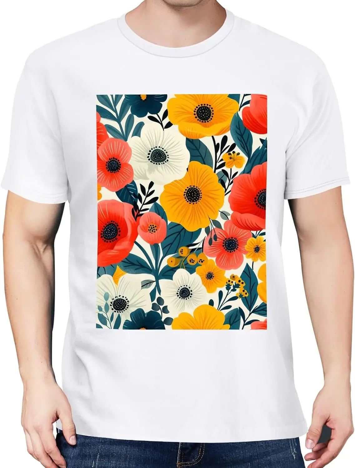 Flowers Mens Black T-Shirts Short Sleeve Crew Neck Women T-Shirt Loose Fit Soft Tees for Men Lightweight X-Small