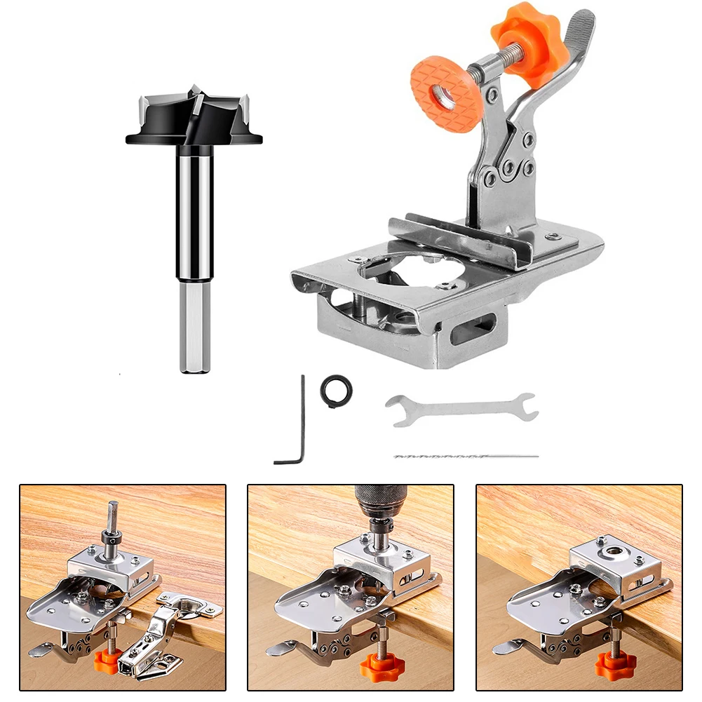 

Hinge Drilling Jig Bits Kit Woodworking Hole Drilling Guide Locator Hole Opener Tools Puncher Template 35mm Concealed Hinge Jig