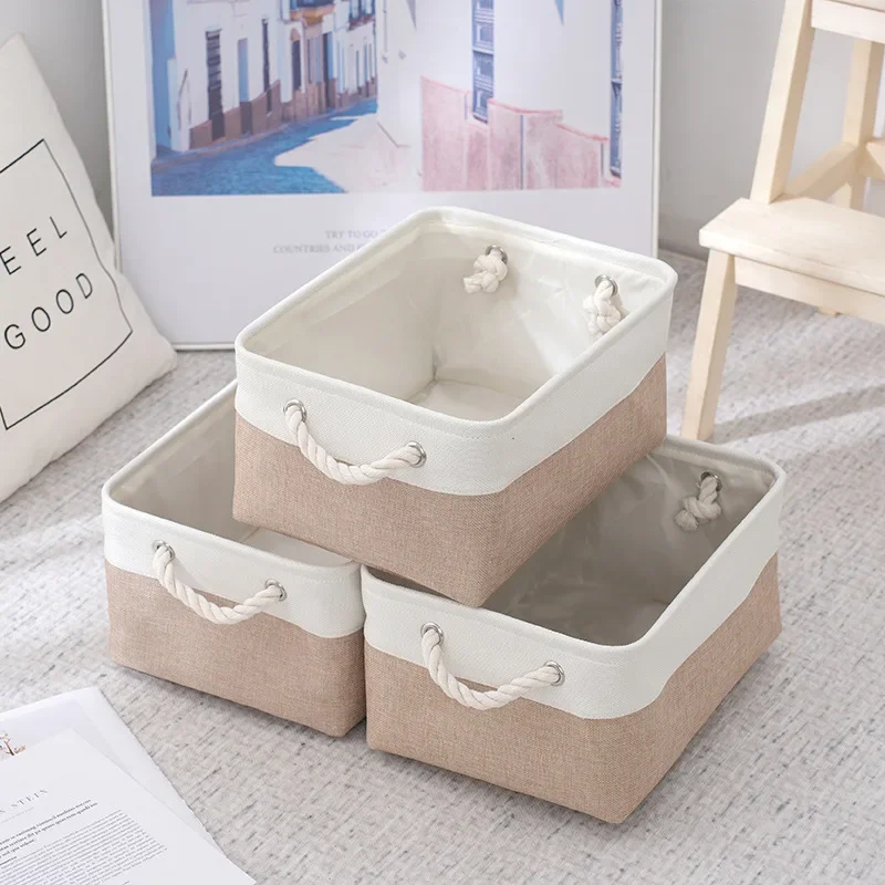 1pc Linen Fabric Storage Basket Foldable Sundries Storage Box with Handle Large Capacity Uncovered Clothes Organizer Basket