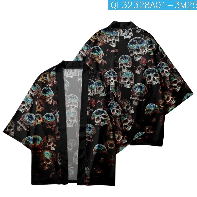 

Summer Japanese Kimono Beach Shorts Skull Printed Men Women Streetwear Yukata Shirt Haori Cardigan Cosplay