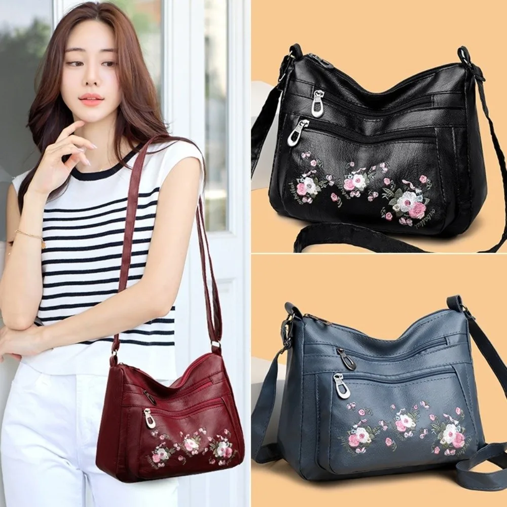 Fashion PU Leather Shoulder Bag Flower Embroidery Multi-layer Middle-aged Mother's Bag Large Capacity Crossbody Bag for Women