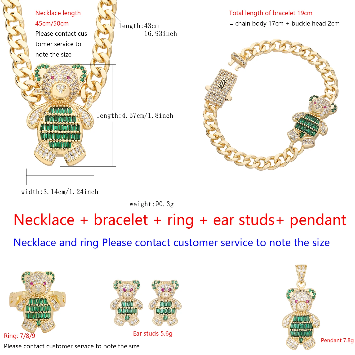 Red Eyes Green Bear Jewelry Girls Dress Up Special Gifts Necklace Bracelet Cute Teddy Bear