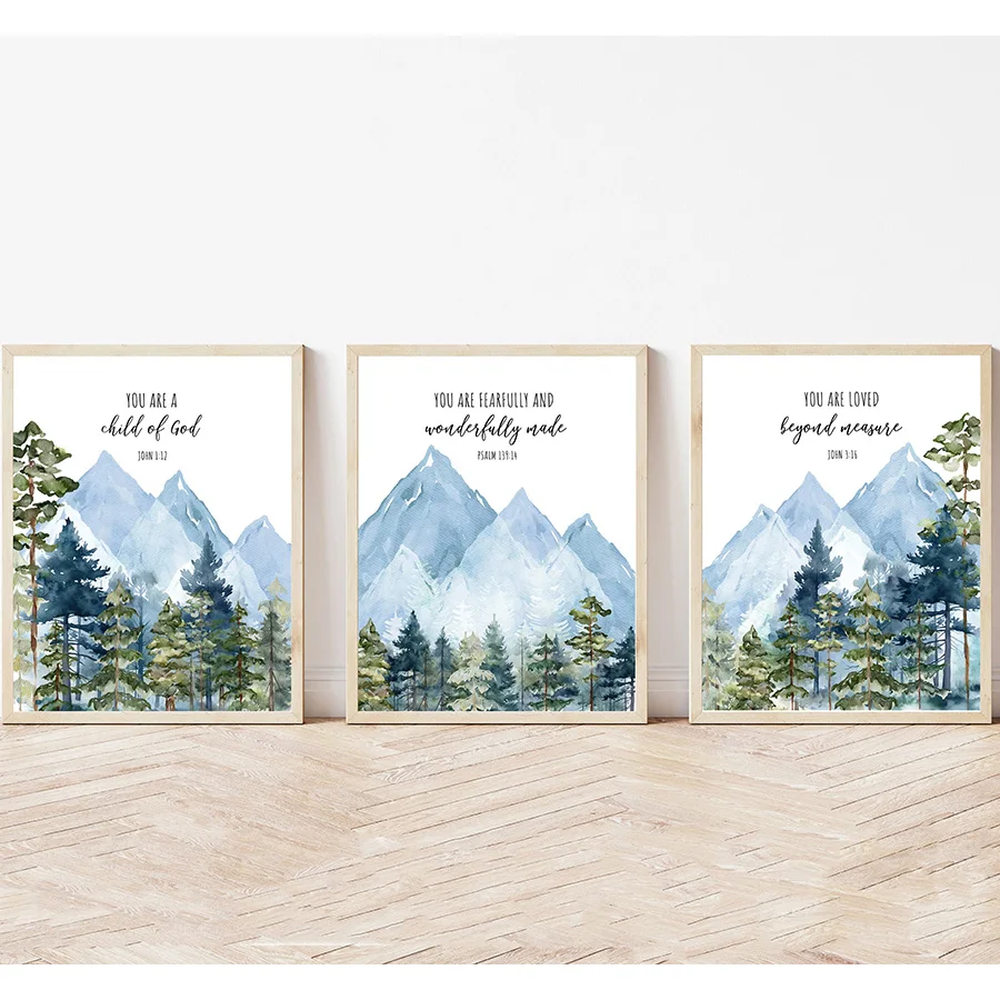 Adventure Scripture Blue Mountain Forest Landscape Poster and Print, Canvas Painting for Living Room, Home Decor, No Frame