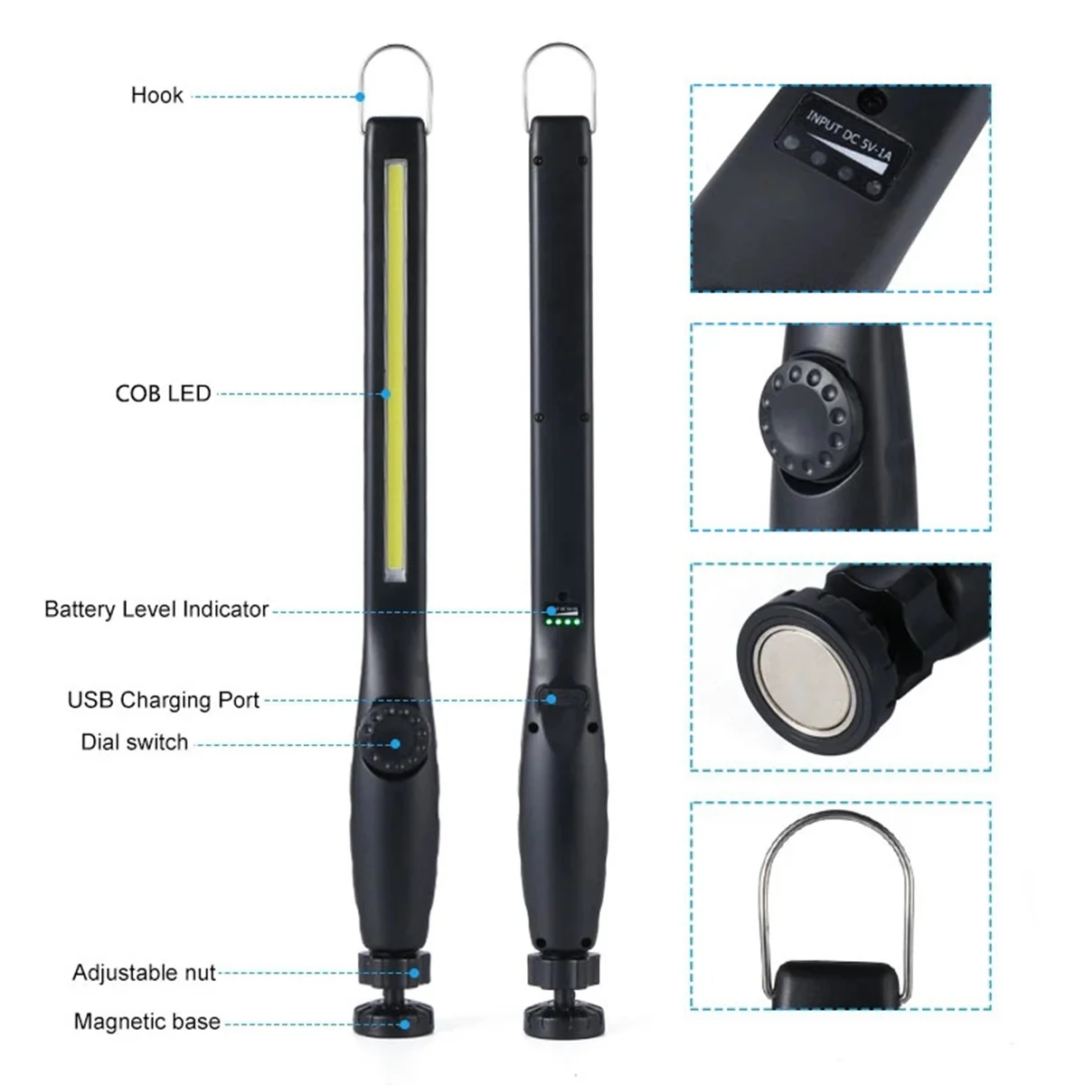 COB LED Flashlight Magnetic Work Light USB Rechargeable Portable Lantern Inspection Light Camping Charge Display