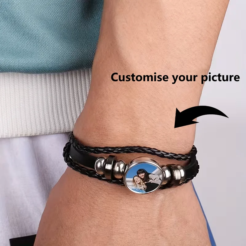 

Personalised custom image men's faux leather cord bracelet, personalised Father's Day holiday, birthday gift