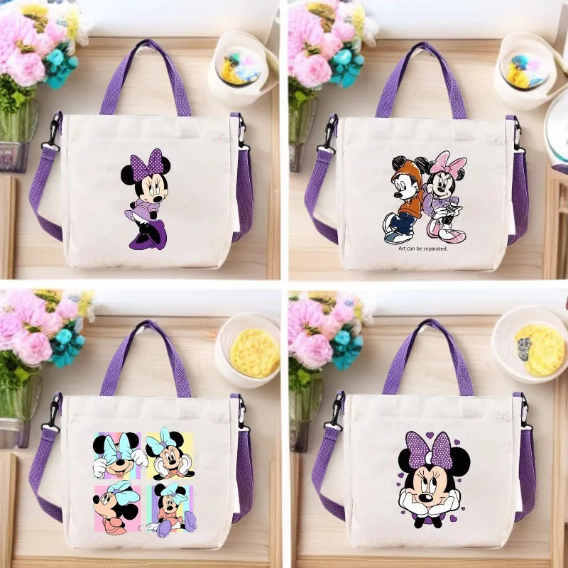 

Disney Minnie Shoulder Backpack Cartoon Printed Handbag Large Capacity Purple Crossbody Bag Portable Canvas Storage Bag Gift