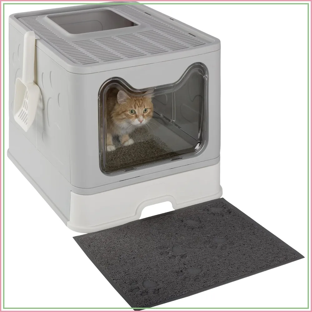 Foldable Cat Litter Box with Lid, Scoop, Mat, and Pull-Out Drawer - Easy Clean, Front & Top Entry