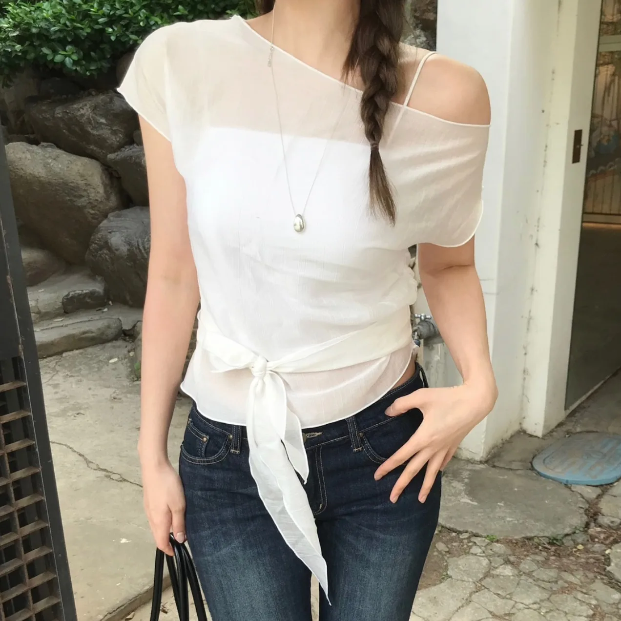 

Chic Summer New Shoulder Baring Thin Short Sleeve Chiffon Top Women's Fashionable Versatile Belted Waist Slimming Transparent