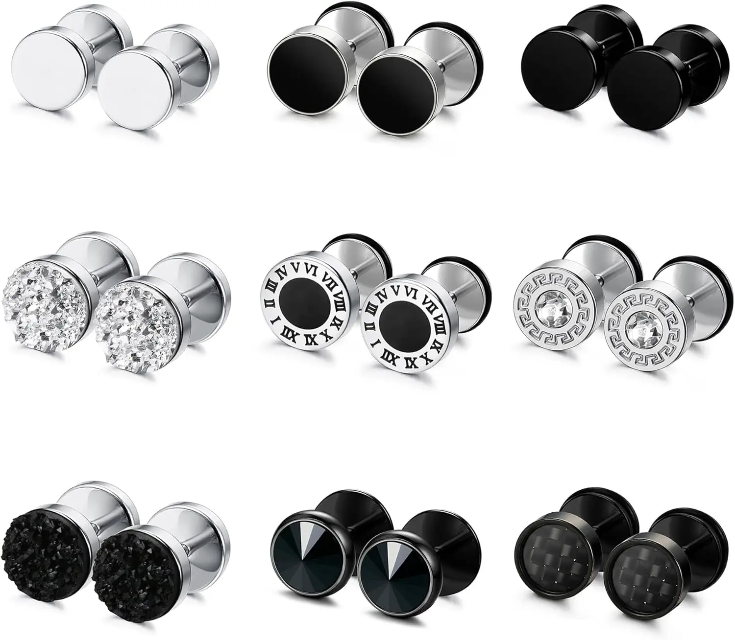 

Hypoallergenic Black Surgical Steel Men Earrings - 9/16pairs Earrings for Men,Stainless Steel Mens