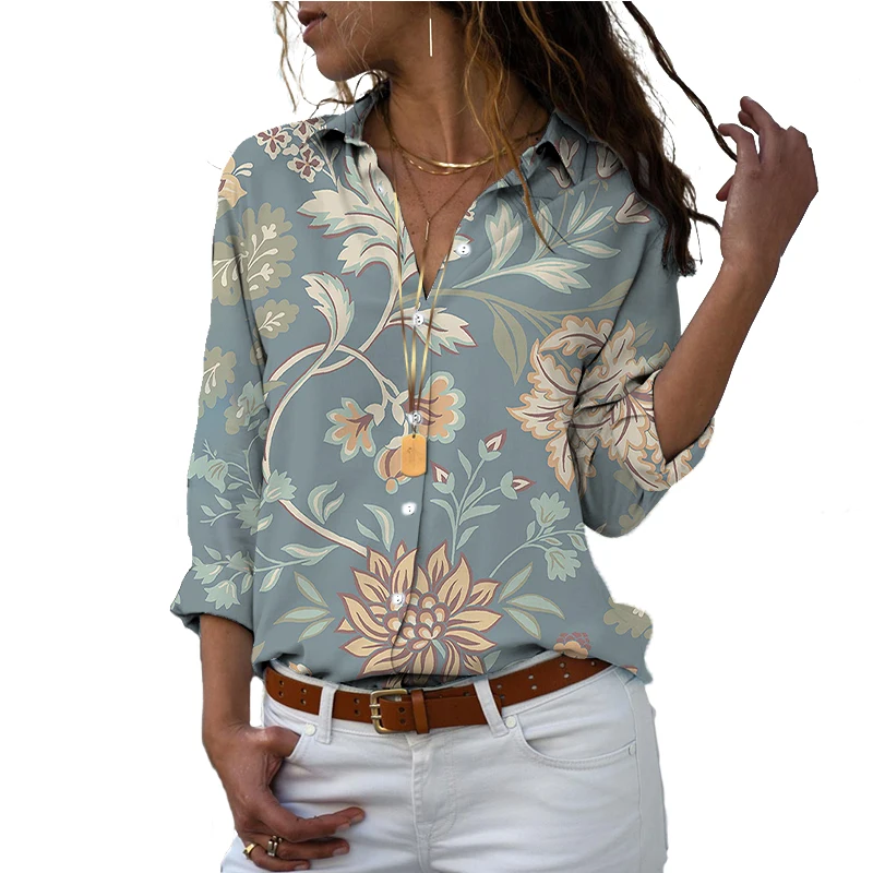 2023 Hot Sale Spring and Autumn New Floral Women's Shirt 3D Printing Long Sleeve Plus Size Shirt Women's Pocket Shirt