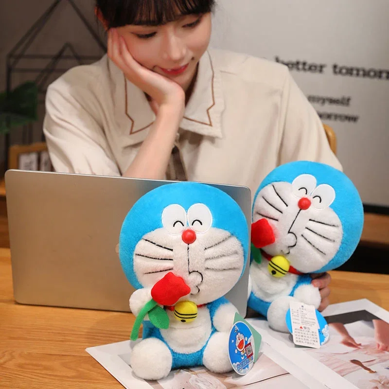 Original com etiqueta rosa flor doraemon plushies boneca doraemon recheado anime bonito fofinho dolldoraemon brinquedo de pelúcia presentes
