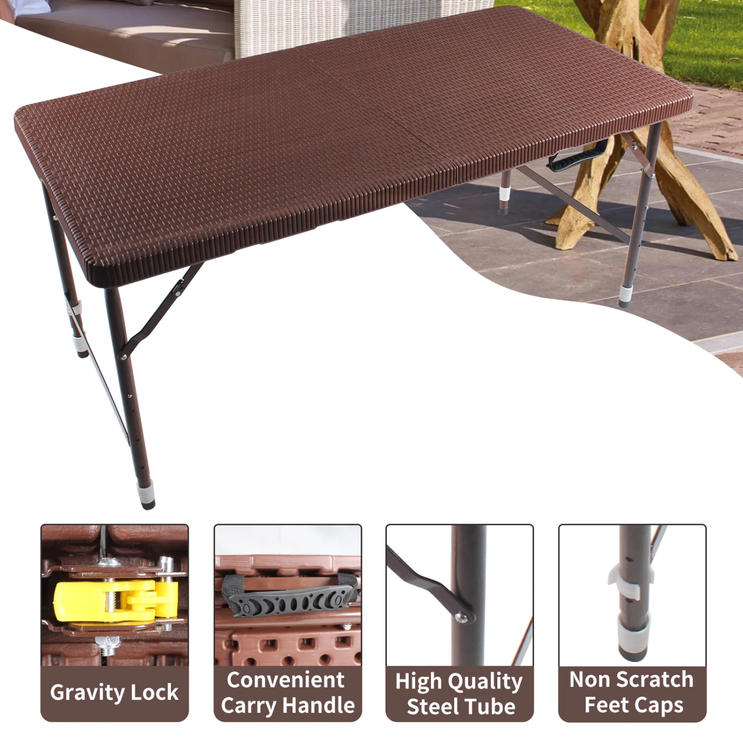 

4ft Rattan Folding Table for Indoor&Outdoor, Portable Foldable Table Rattan Plaited Brown