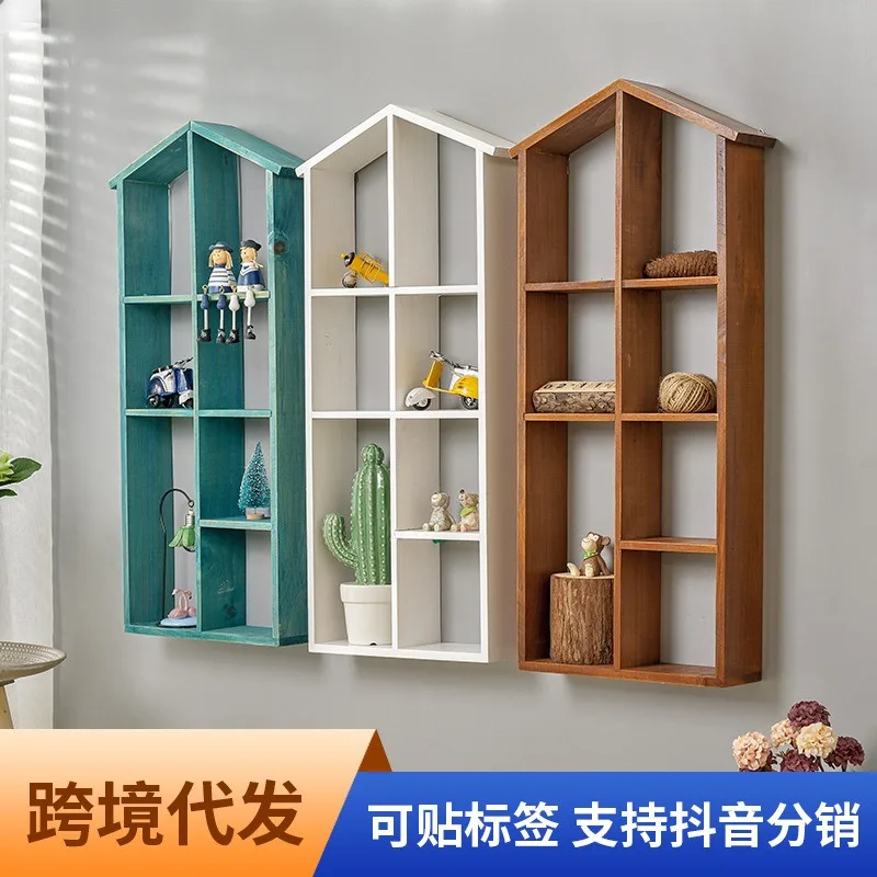 European retro American wooden store wall storage grid hanging wall rack wall hanging decoration decoration