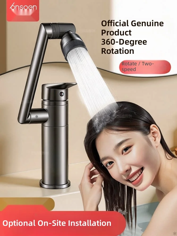 Hot-and-cold faucet for washbasins, bathroom sink with a universal swivel arm—your ultimate head-washing tool for the vanity.