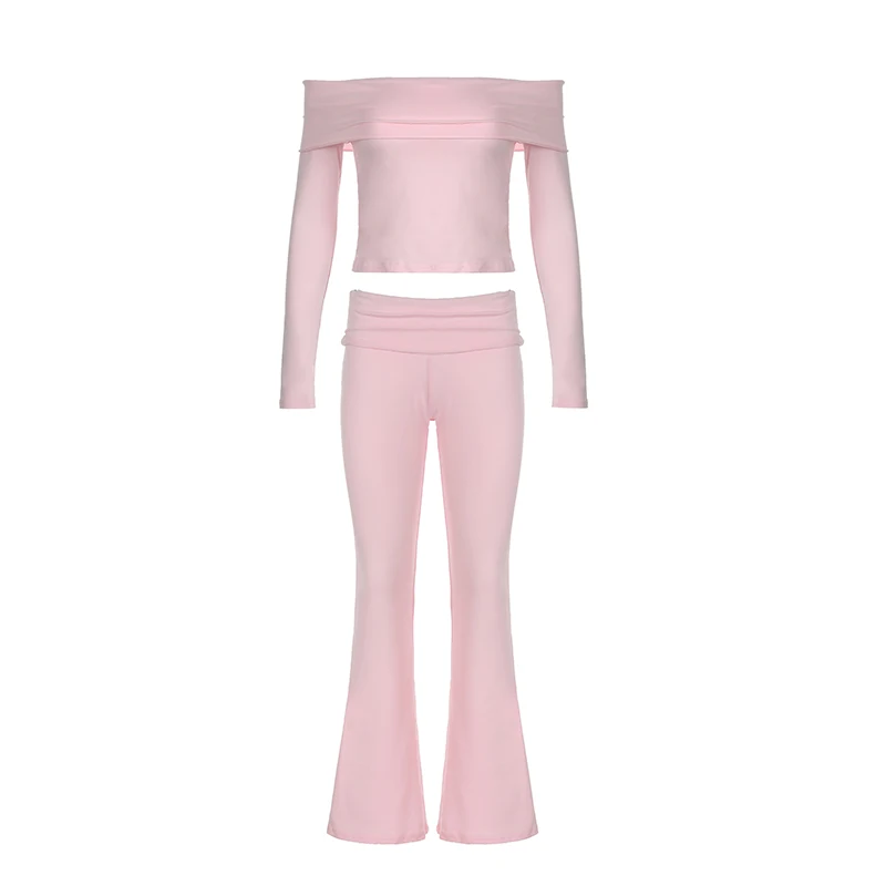 Darlingaga Streetwear Pink Skinny Two Pieces Set Women Solid Basic Off Shoulder T-shirt+Flare Pants Sporty Outfits Tracksuit New