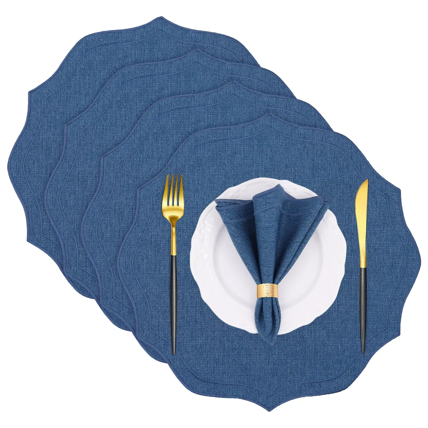 Cotton Linen Round Cloth Placemats,Washable Wrinkle Resistance, Scalloped & Embroidered Fabric Table Mats,15.5 inch