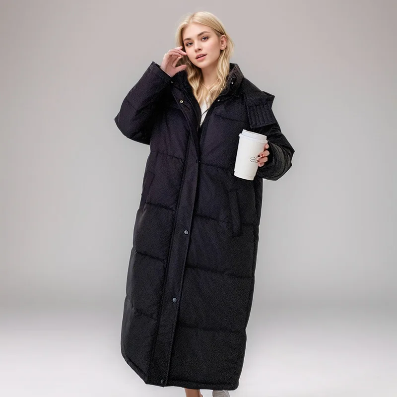 

Heavyweight Lady's Winter Jacket Solid Single Breasted Velcro Hooded Quilted Jacket For Women Long Over-the-knee Female's Jacket