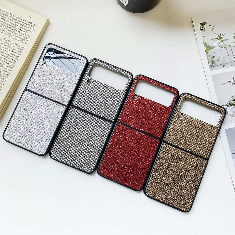 Luxuriöse glitzernde Diamantmuster-Bling-Leder-Handyhülle für Samsung Galaxy Z Flip 7, 6, 3, 4, 5, glänzende, bunte, stoßfeste Rückseite
