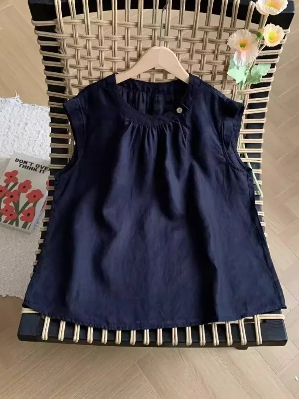 2025年夏 レディース コットンリネン ノースリーブシャツ 多用途 小さな飛袖トップス キュートスタイル ラウンドネック レギュラー丈