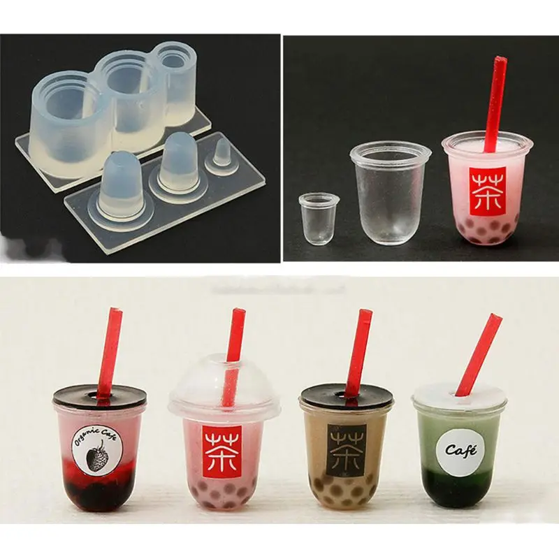 Small Bottle Container with Lid Straw UV Resin Epoxy Silicone Mold Jewelry Casting Mold Milk Tea Cup Mold for Home Decor